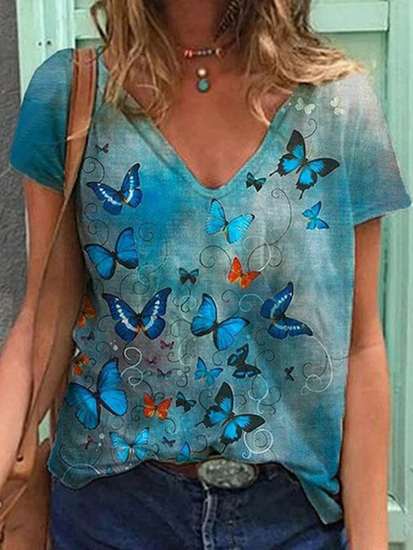 Butterfly In Sky Printed V-Neck Tee