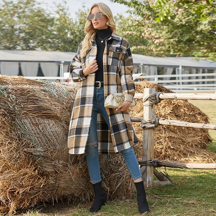 Women's Trench Coat Long Sleeve Loose Plaid Shirt Jacket