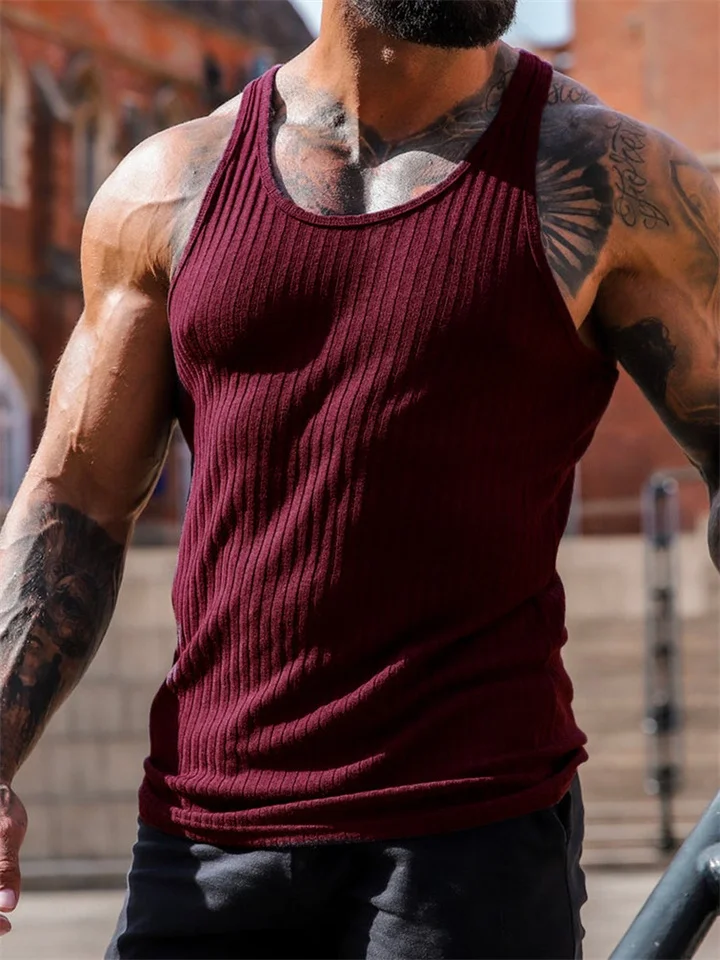 Summer Explosion of Solid Color Knitted Vertical Stripes Fitness Sports Slim Undershirt Men Work Word Undershirt-JRSEE