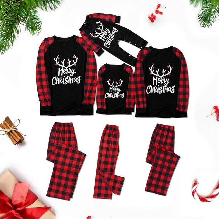Merry Christmas Antler Print Plaid Family Matching Pajamas Set