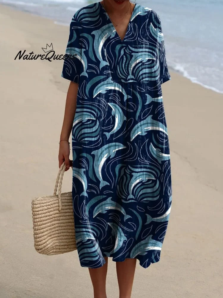 Dolphin Repeat Pattern Printed Women's Flowy Dress
