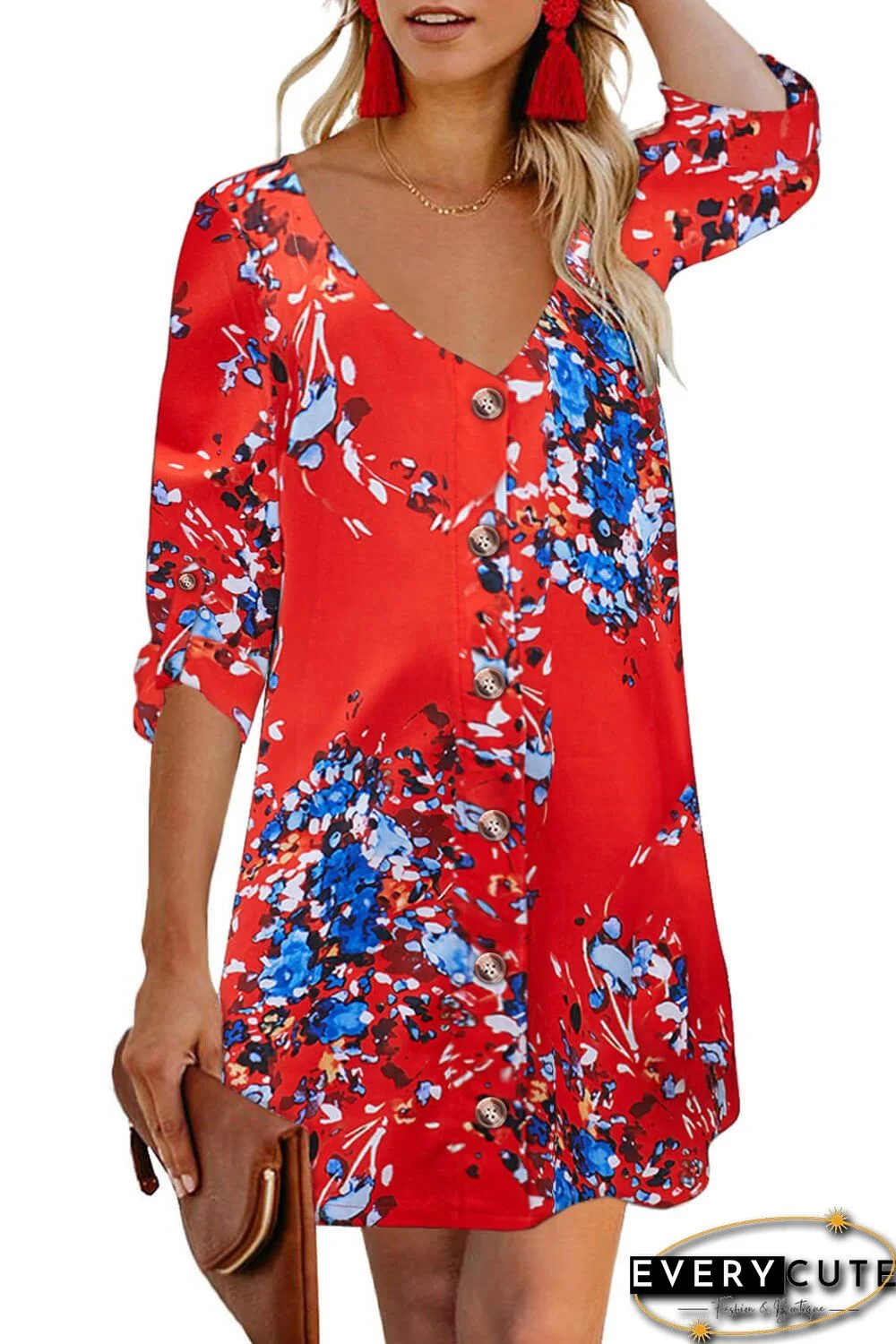 Orange V Neck 3/4 Roll Sleeve Button Down Floral Dress