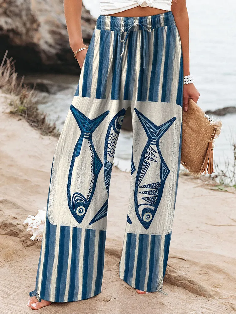 Women's Vintage Fish Art Printed Cotton And Linen Casual Pants