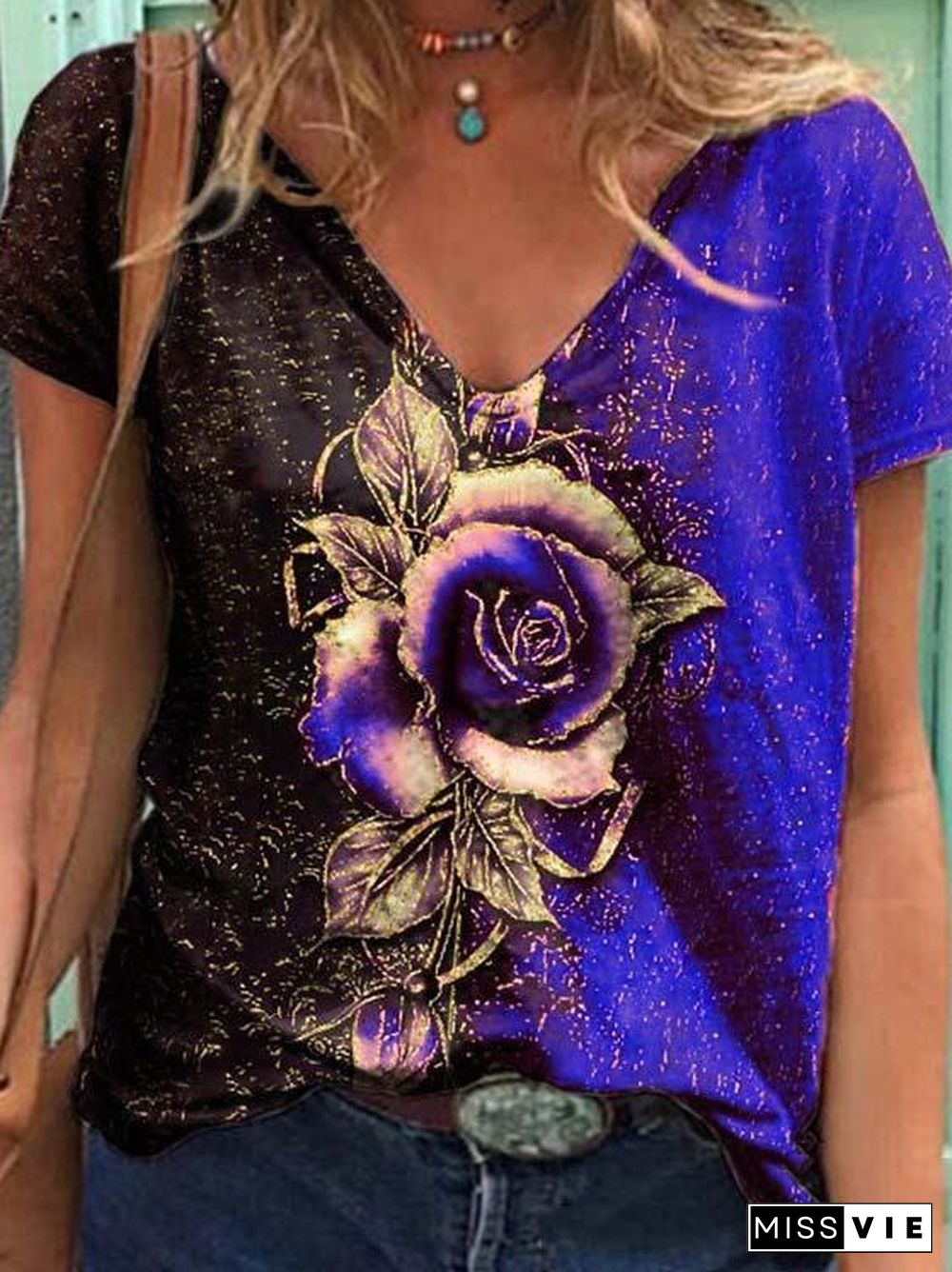 Women's V-neck Short Sleeve Floral Printed Tops