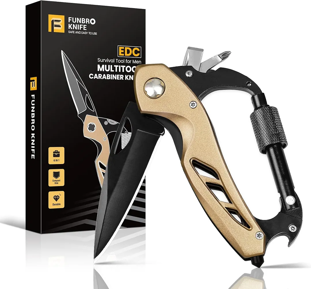 Multi-functional carabiner pocket knife, EDC (Everyday Carry) carabiner folding knife, bottle opener, window breaker, and screwdriver; camping survival gear.g Hiking