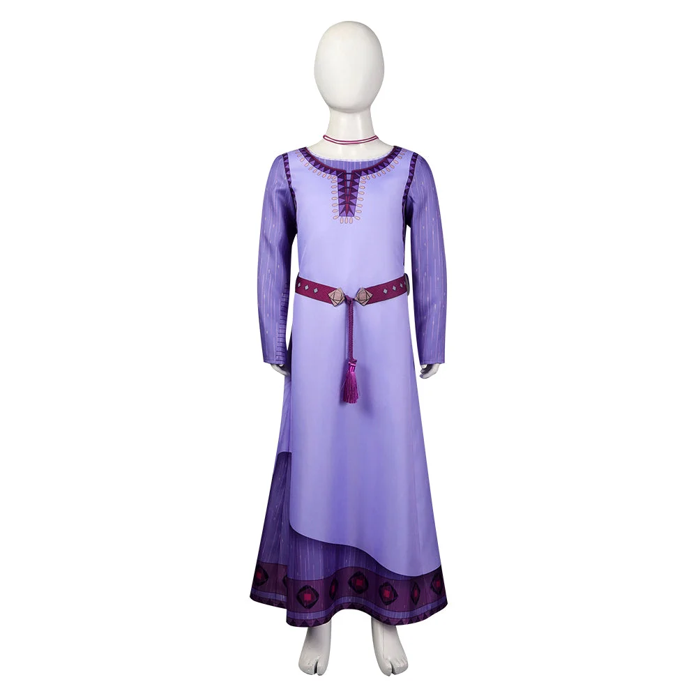 Kids Girls Movie Wish 2023 Asha Outfits Cosplay Costume Purple Dress Halloween Carnival Suit