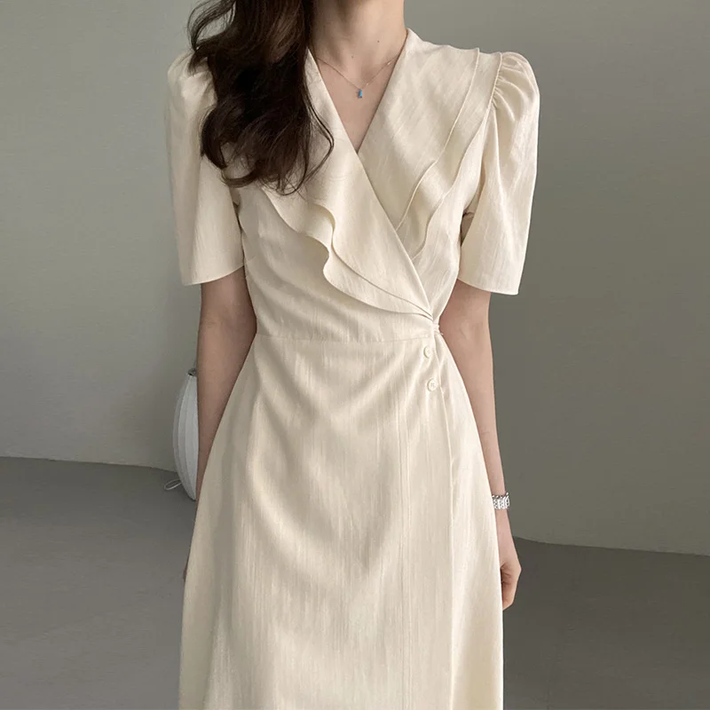 Churchf Churchf Chic French Retro Double Collar Inclined Buckle Waist Show Thin Long A Piece Of Bubble Sleeve Dress Woman
