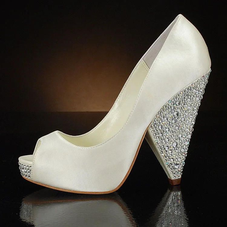 White Satin Peep Toe Rhinestone Heels Cone Heel Pumps |FSJ Shoes