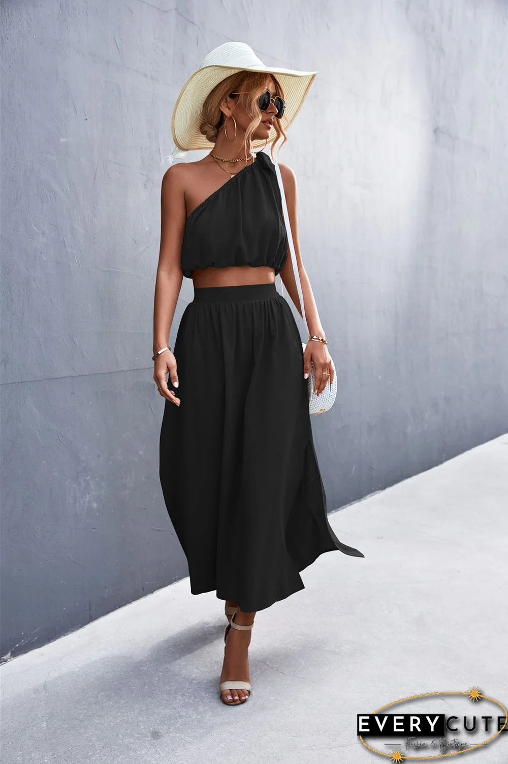 Chic Skew Collar Tie 2-Piece Skirt Suits For Women Summer Sets New Sexy Short Vest + Hem Slit Long Skirt Suit Women