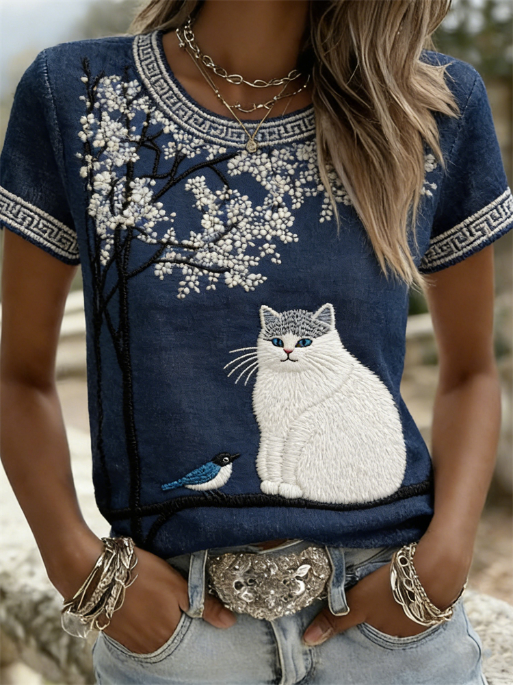 Cat & Bird On Floral Tree Japanese Art T Shirt elevenforest