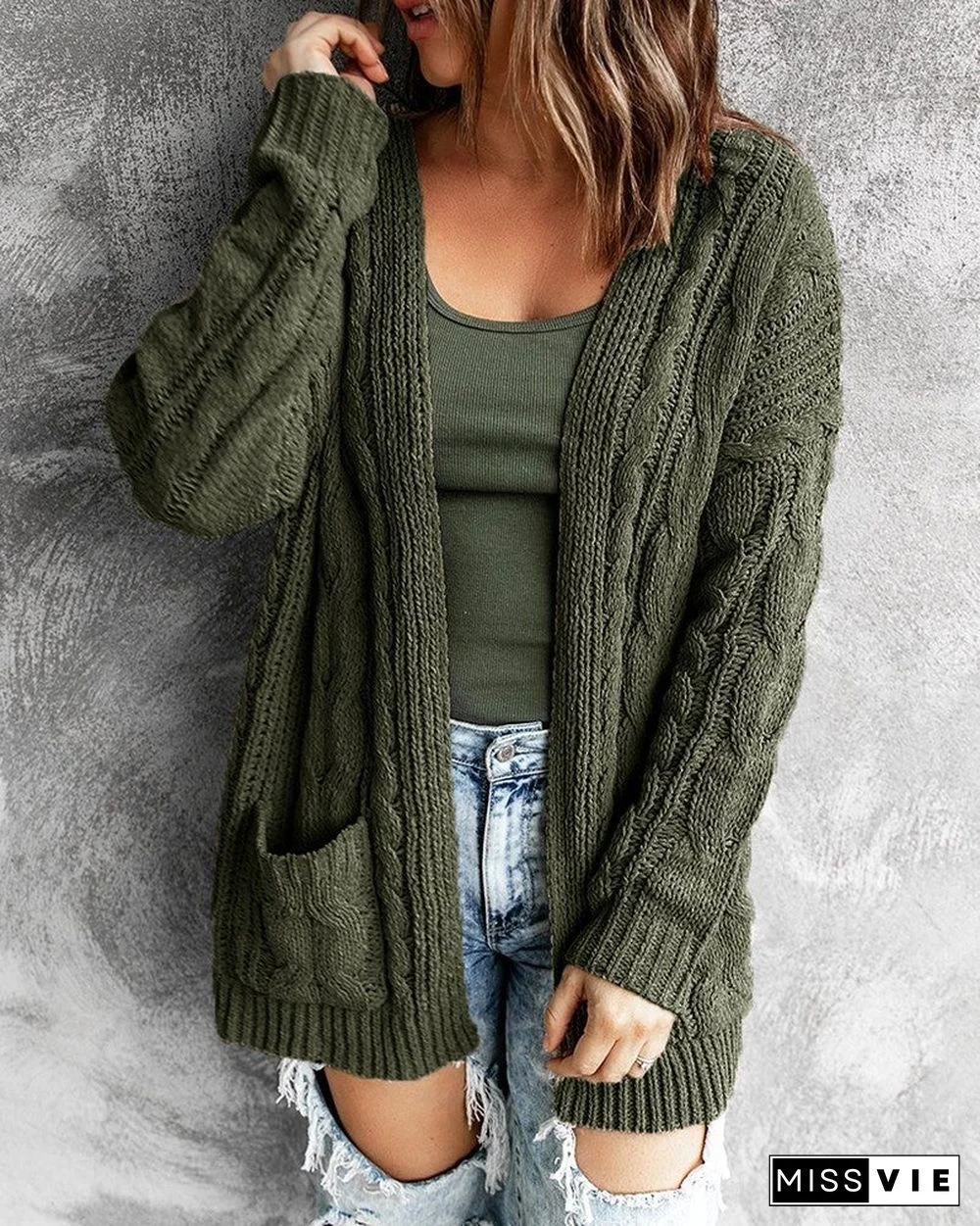 Pocket Design Long Sleeve Braided Knit Cardigan