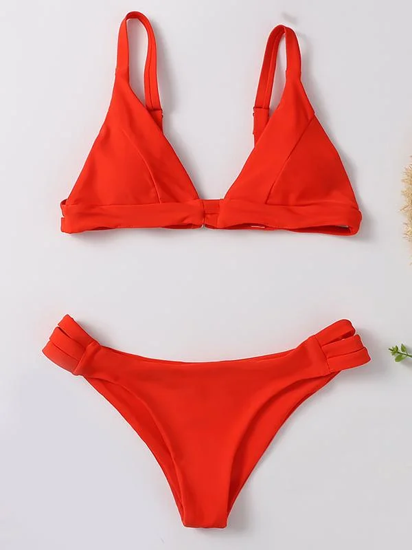 Solid Color Triangles Split Bikini Swimsuit