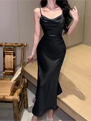 Ejimei Sexy Bodycon Satin Dress Women New Summer Spaghetti Strap Swinging Collar Mermaid Solid Evening Party Dresses Prom Robe Vestido