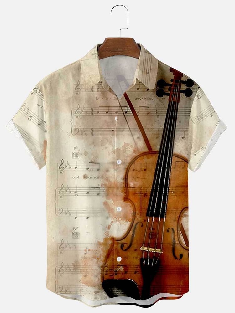 Mens Violin Sheet Music Print Casual Lapel Short Sleeve Hawaiian Shirts