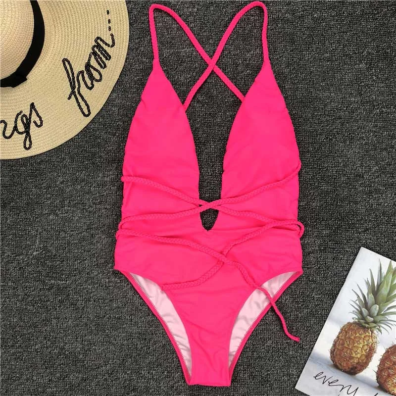 Halter Neon Deep V Swimsuit Women Monokini String Bathing suit Sexy Push Up Swimwear one piece Bodysuits High cut Bikini Women