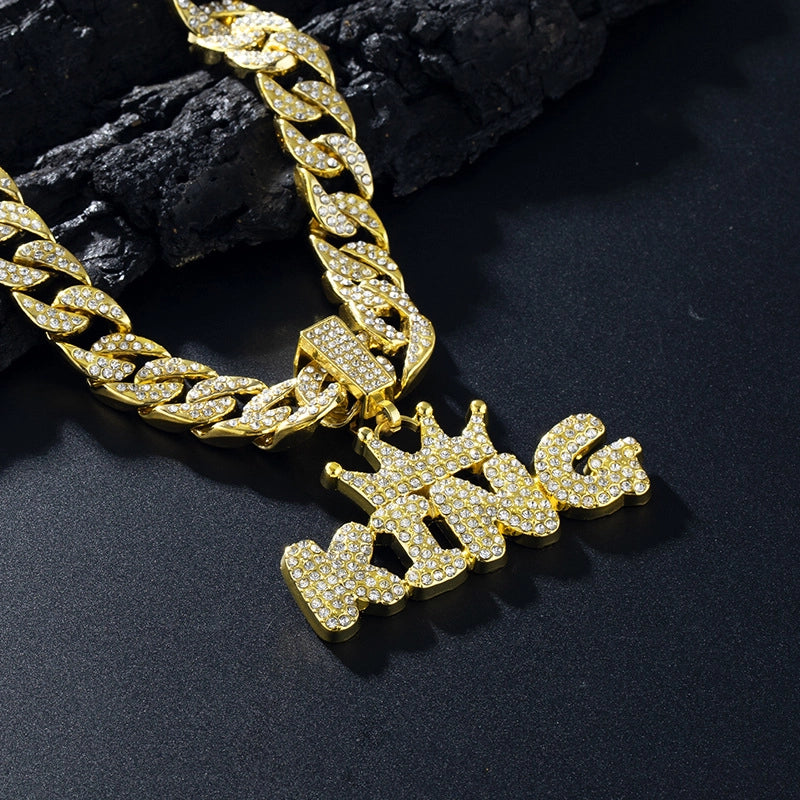 Style Crown Letters King Full Diamond Pendant Thickened Cuban Link Chain Trendy Men Hip Hop Sold Jewelry
