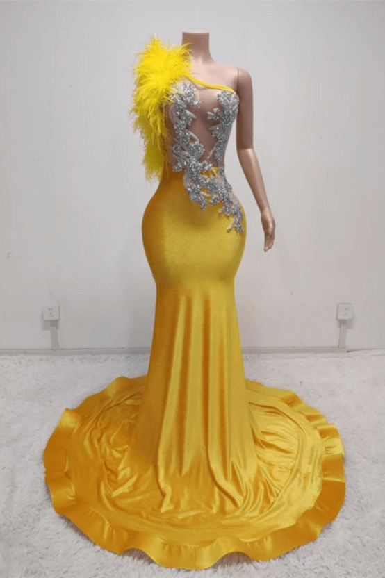 Bellasprom Yellow One Shoulder Mermaid Prom Dress Beadings With Feather Bellasprom