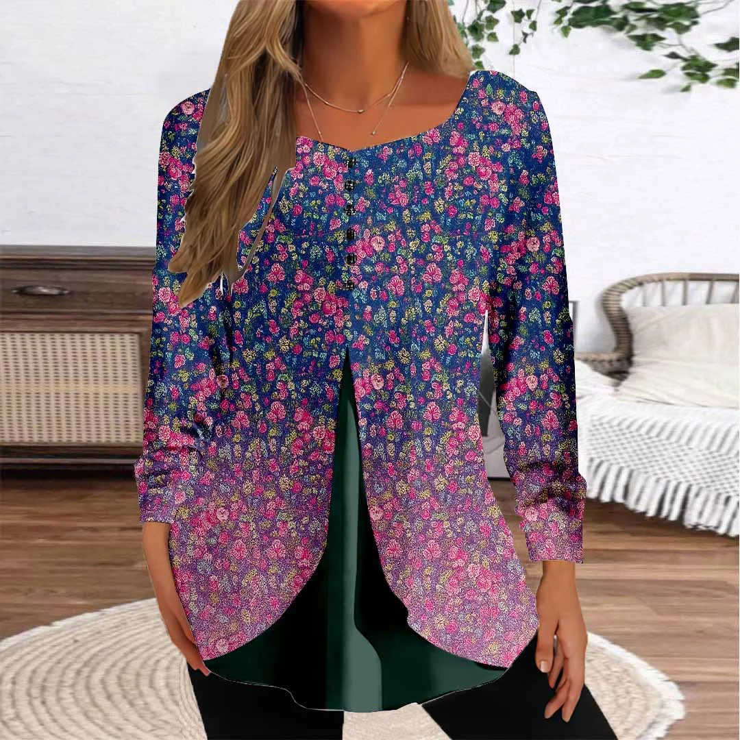 Women Floral,Gradient,Blue DZGG8272 Long Sleeve Scoop Neck Printed Graphic Button Fake 2in1 Tops