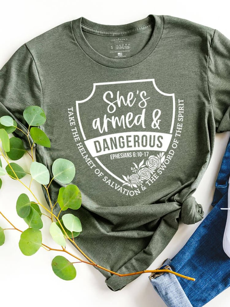 She's Armed And Dangerous Print Casual Crew Neck T Shirt