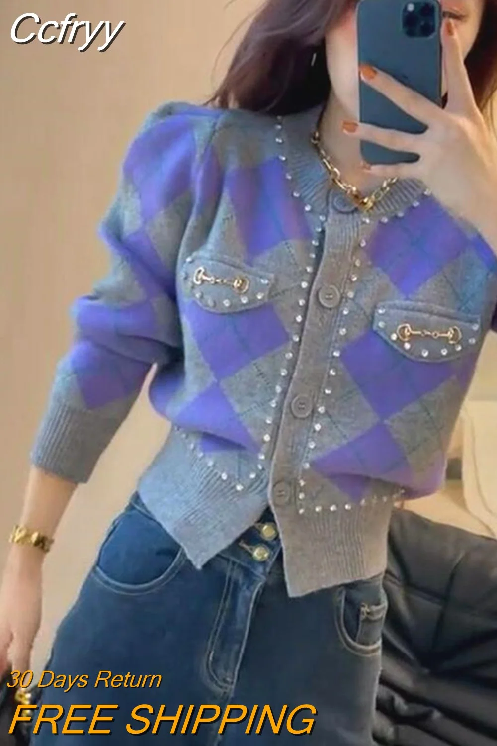 huibahe Argyle Knitted Cardigan Sweater Women Stylish Fashion Chic Elegant Knitwear Tops Long Sleeve O-neck Ladies Jumpers 2023