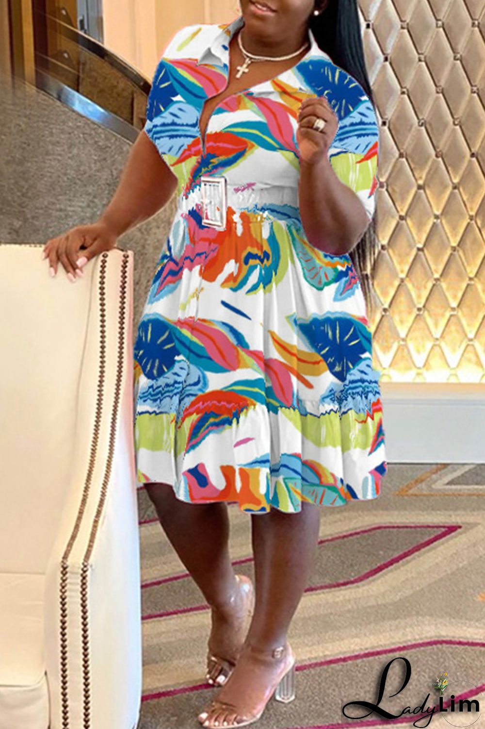 Purple Casual Print Patchwork Fold Turndown Collar A Line Plus Size Dresses