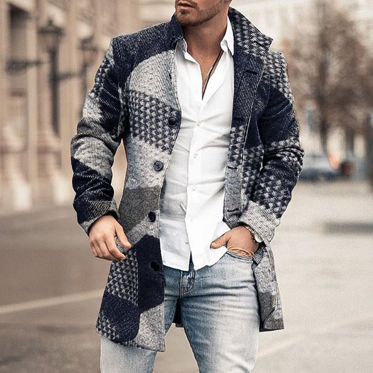 Geometric Lapel Mid-Length Button Fashion Men's Coat
