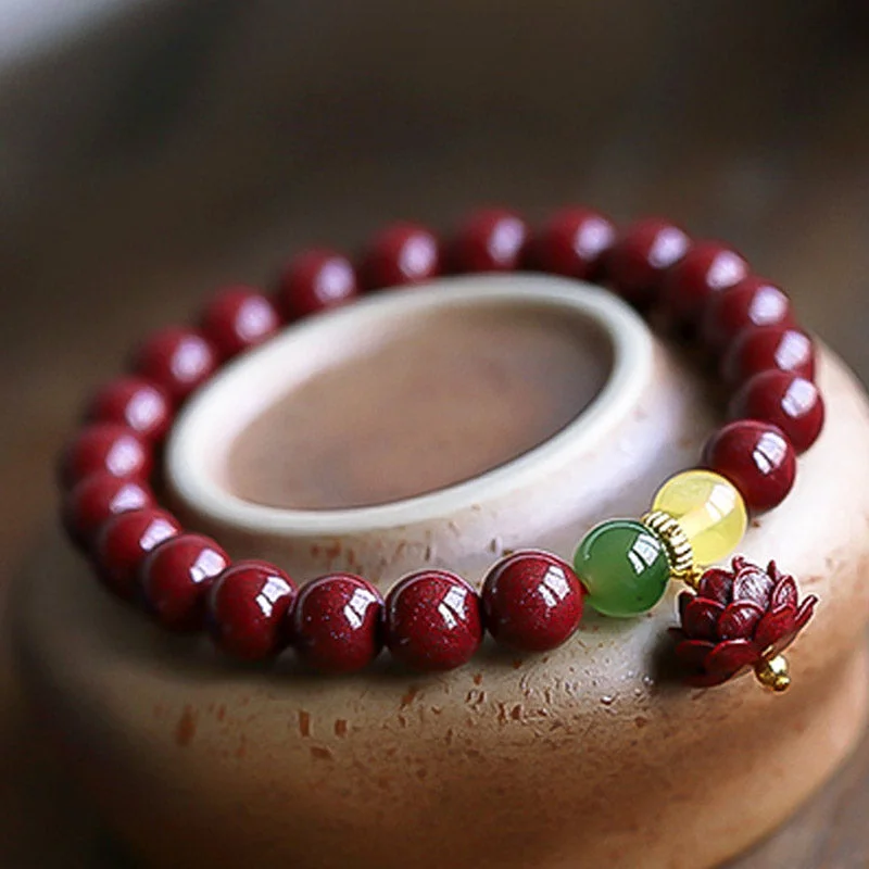 Natural Cinnabar Lotus Luck Blessing Charm Bracelet
