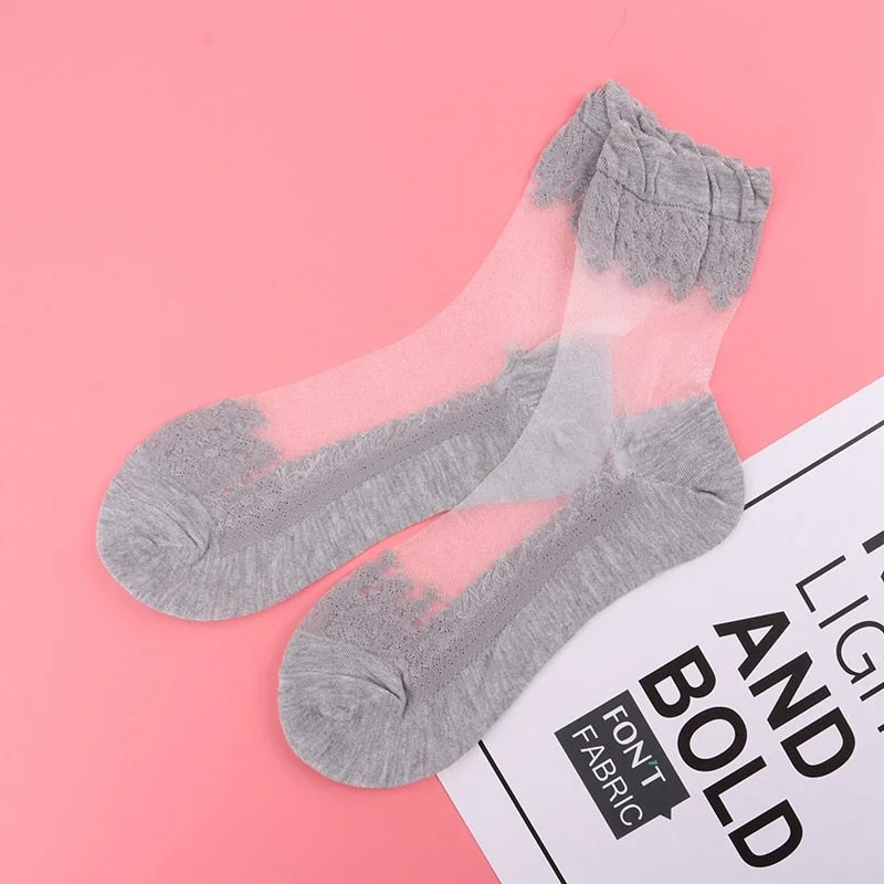 2020 Elastic Socks Crystal Glass Silk Ultrathin Lace Literary Sale 5 Pairs Summer Transparent Short Socks