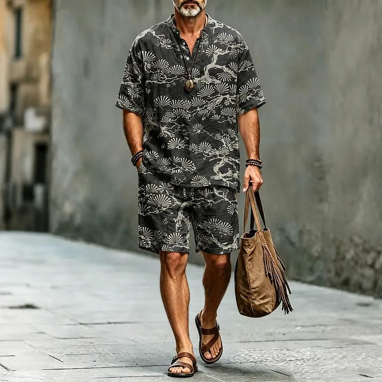 Men's Japanese Art Print Short Sleeve Shirt And Shorts Two Piece Set