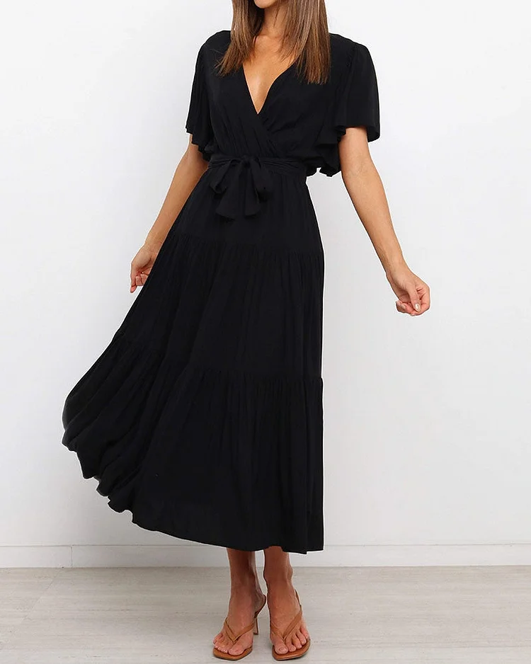 Short-sleeve Pleated Lace-up Dress