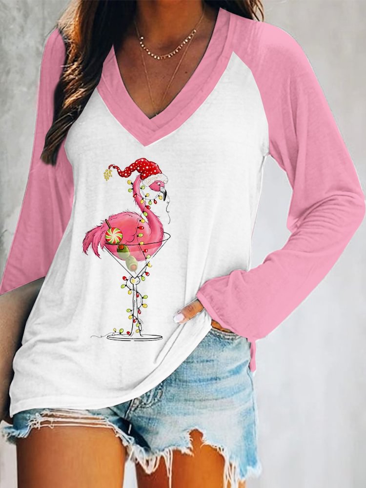 Christmas Flamingo Print V Neck Long Sleeve T Shirt