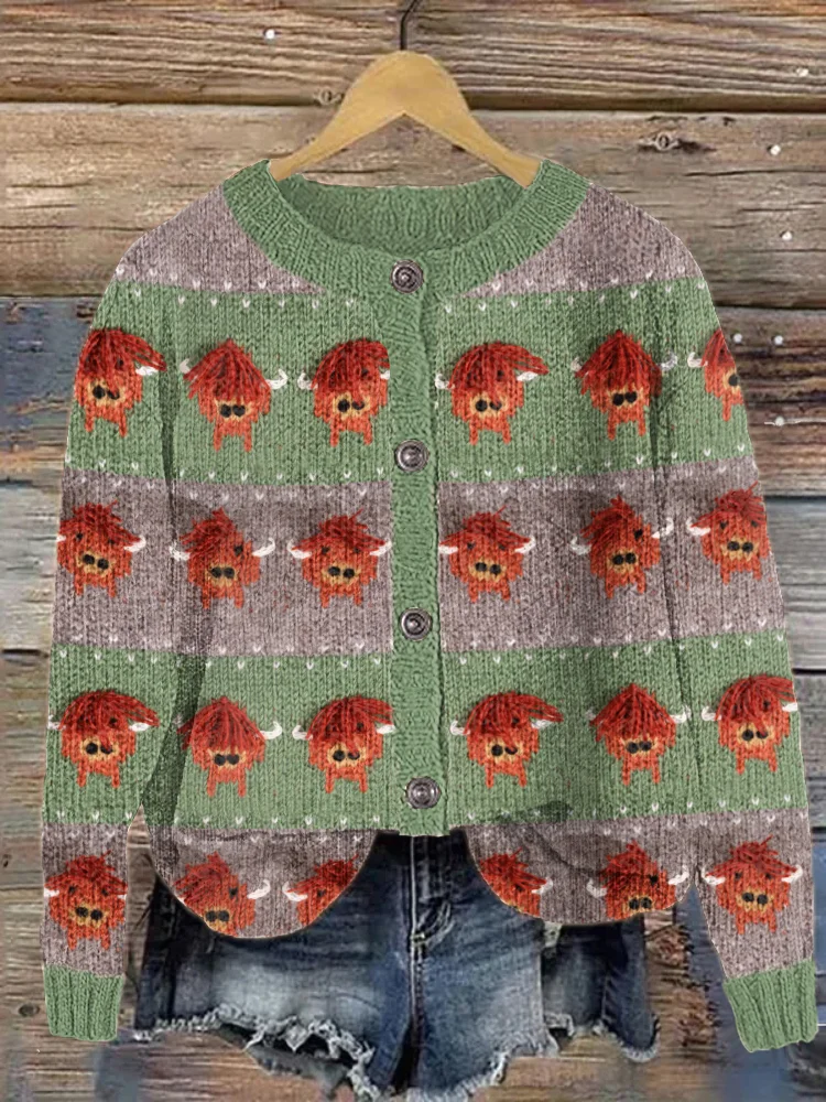 VChics Highland Cow Pattern Cozy Knit Sweater