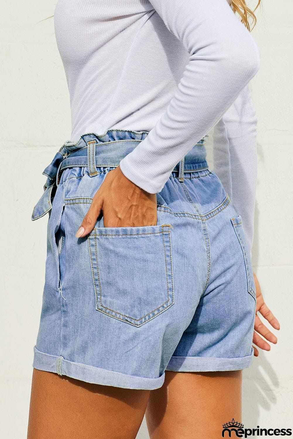 Women Light Blue Roll Hem Paper Bag Waist Denim Shorts