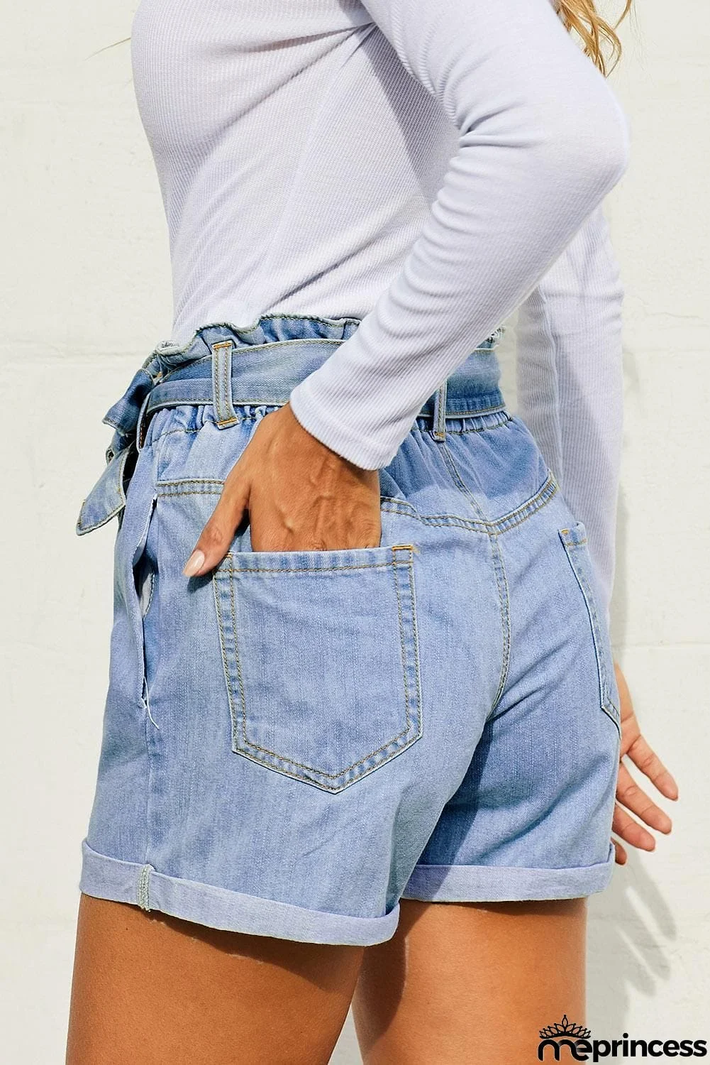 Women Light Blue Roll Hem Paper Bag Waist Denim Shorts