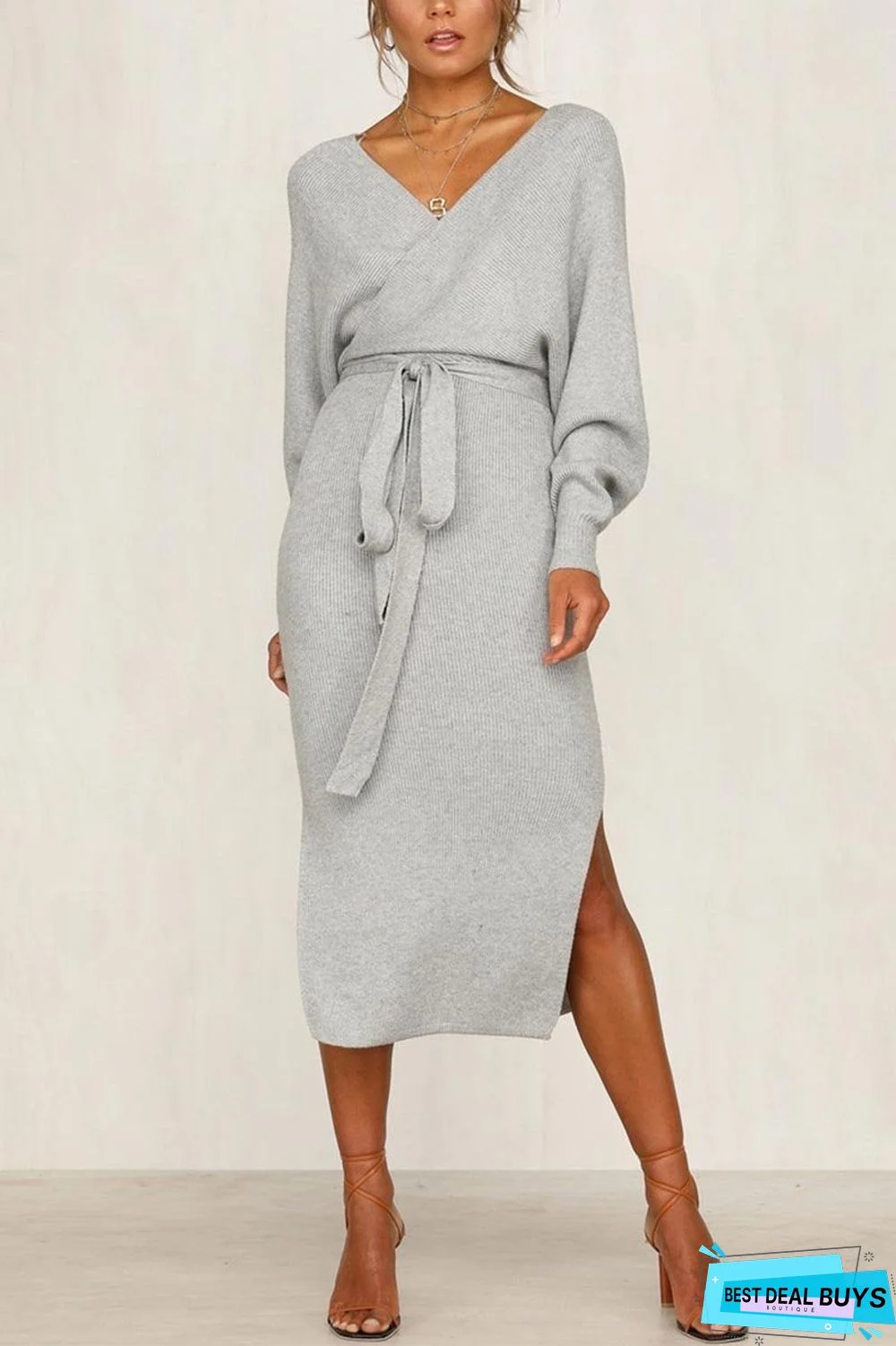 V Neck Backless Sweater Midi Dress(5 Colors)