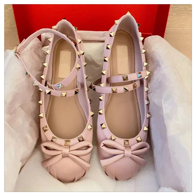 Yyvonne Cross-Buckle Ballet Shoes 2025 Spring And Summer New Bow Rivet Flat Bottom Shallow Mouth Cloth Single Shoe
