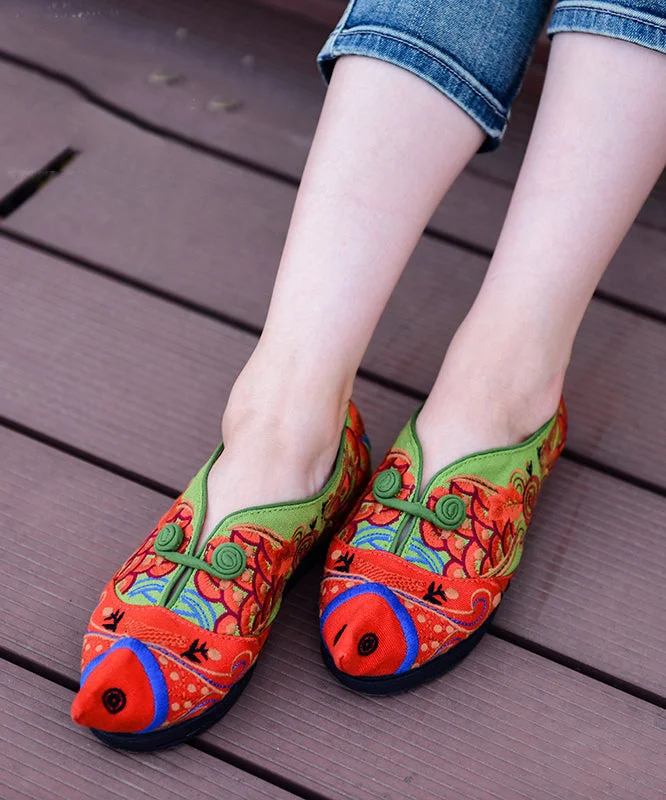 Unique Green Cotton Fabric Flat Shoes For Women Fish Embroideried Pointed Toe Splicing Flat Shoes