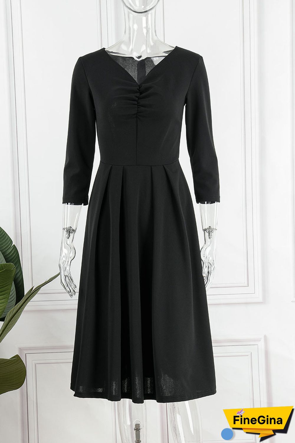 Black Casual Solid Patchwork V Neck A Line Dresses