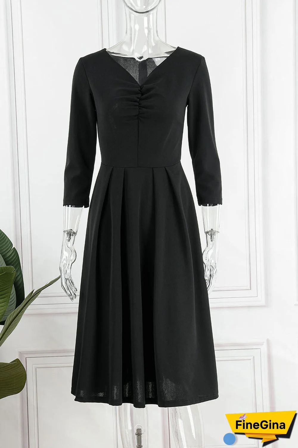 Black Casual Solid Patchwork V Neck A Line Dresses