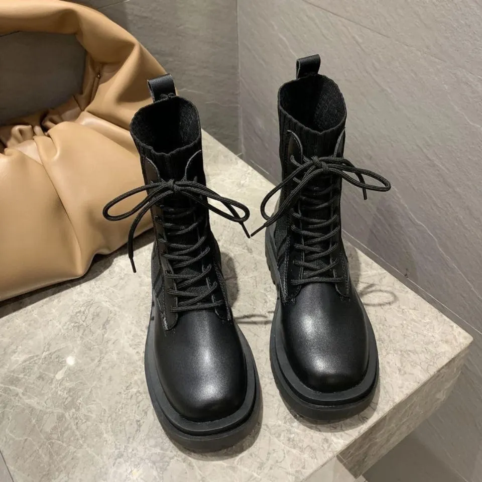 NAUSK Ankle Boots for Women 2021 Spring Motorcycle Boots Thick Heel Platform Shoes Woman Slip on Round Toe Fashion  Boots