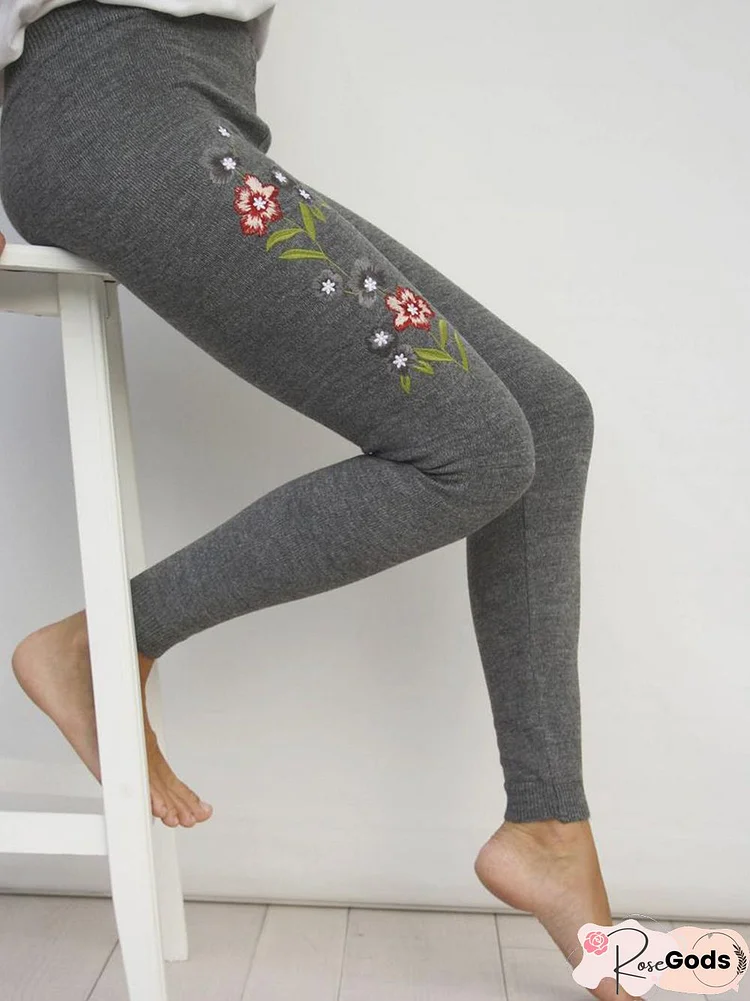 Floral Casual Embroidered Leggings