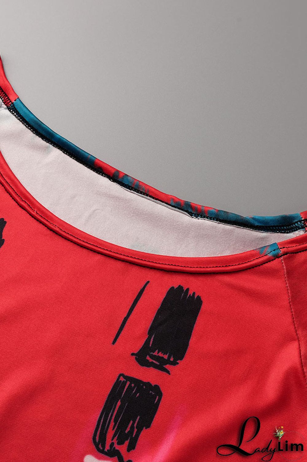 Red Casual Print Patchwork Off the Shoulder Plus Size Two Pieces