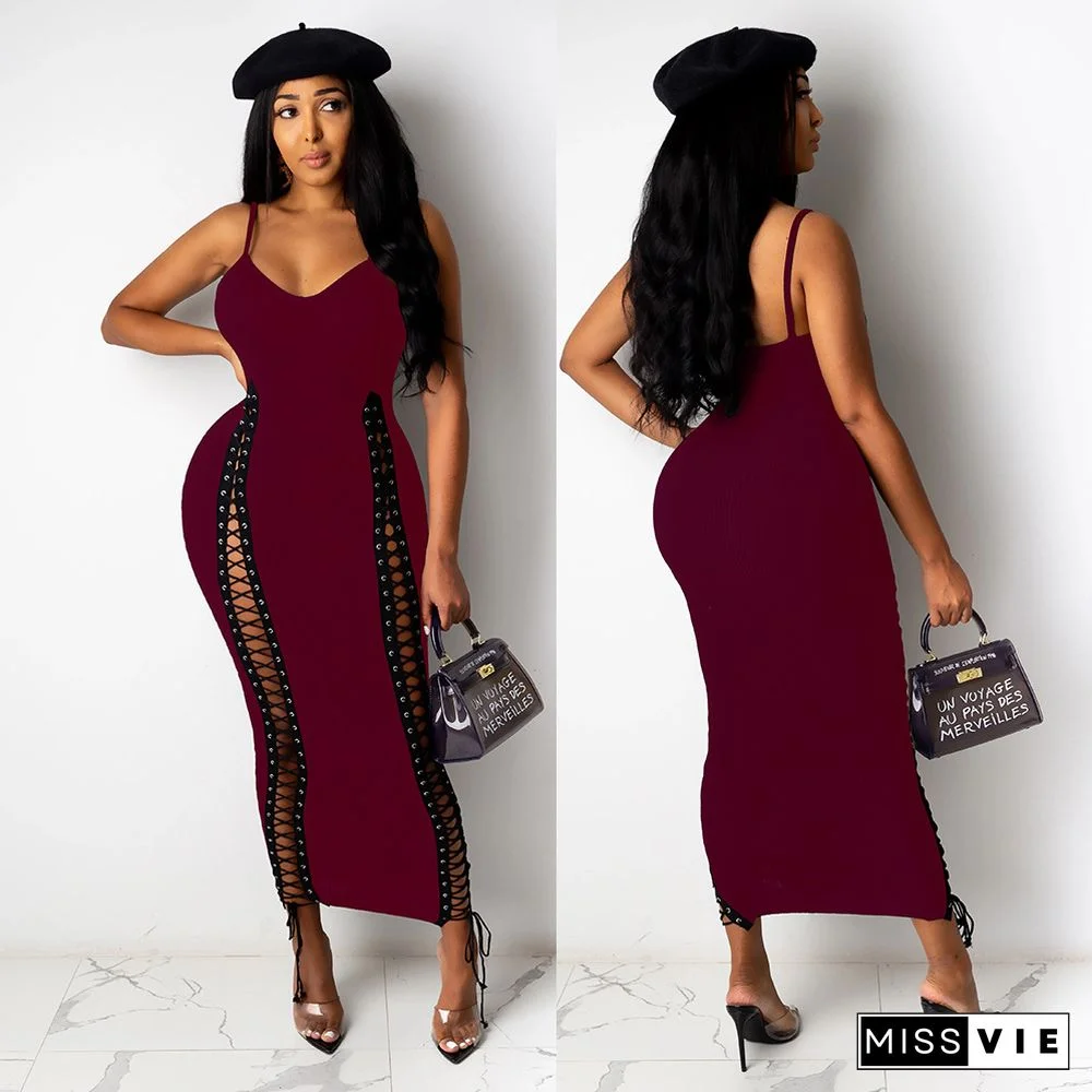 Sexy V-neck Sleeveless Bodycon Hollow Lace Up Dresses