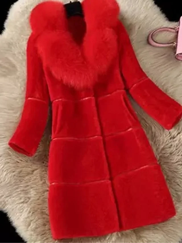 Women's Faux Fur Coat Windproof Breathable Street Daily Wear Vacation Going out with Pockets Fur Collar Single Breasted Turndown Fashion Daily Street Style Solid Color Regular Fit Outerwear Long