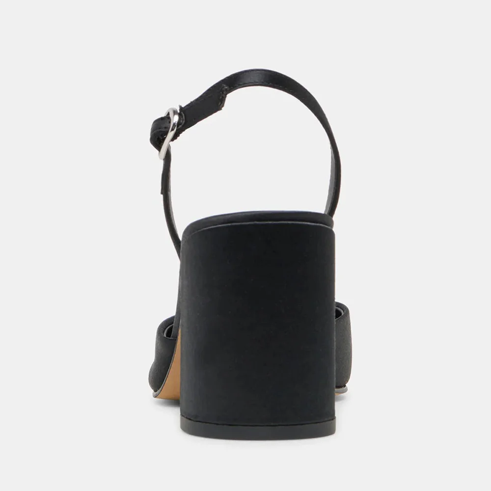 Satin Pointed Toe Block High Heel Slingback Black Pumps for Women