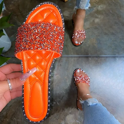 Back to college Women Crystal Slippers Ladies Bling Flats Female Fashion Outdoor Beach Shoes Female Footwear Women Summer Slides Plus Size 35-43