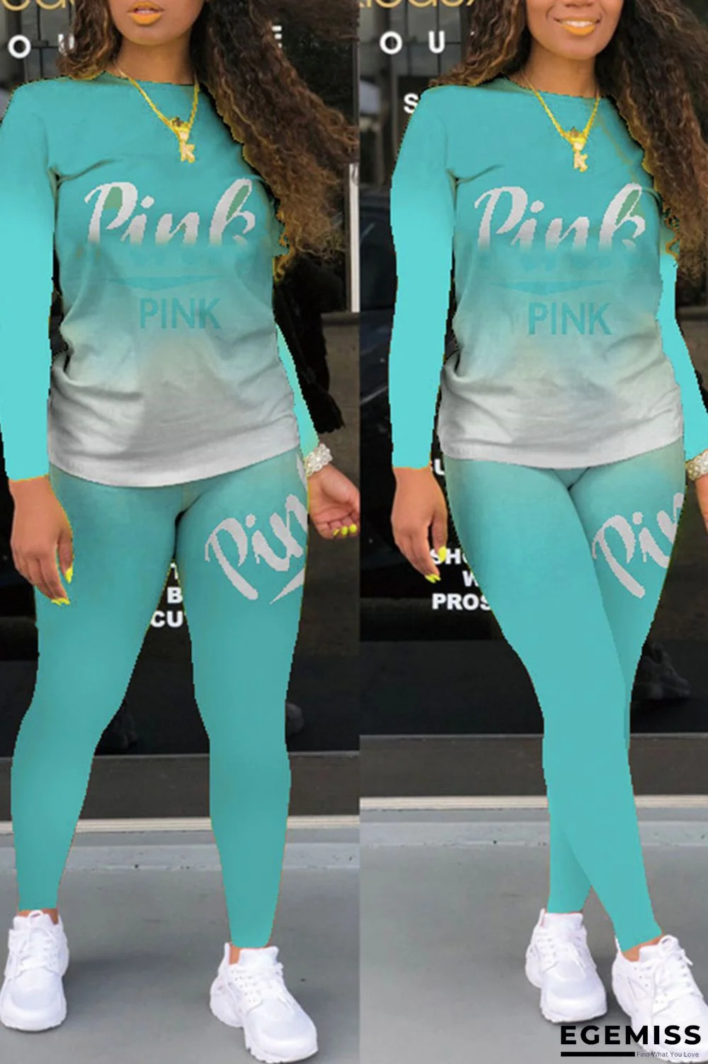 Light Blue Casual Print Letter O Neck Long Sleeve Two Pieces | EGEMISS