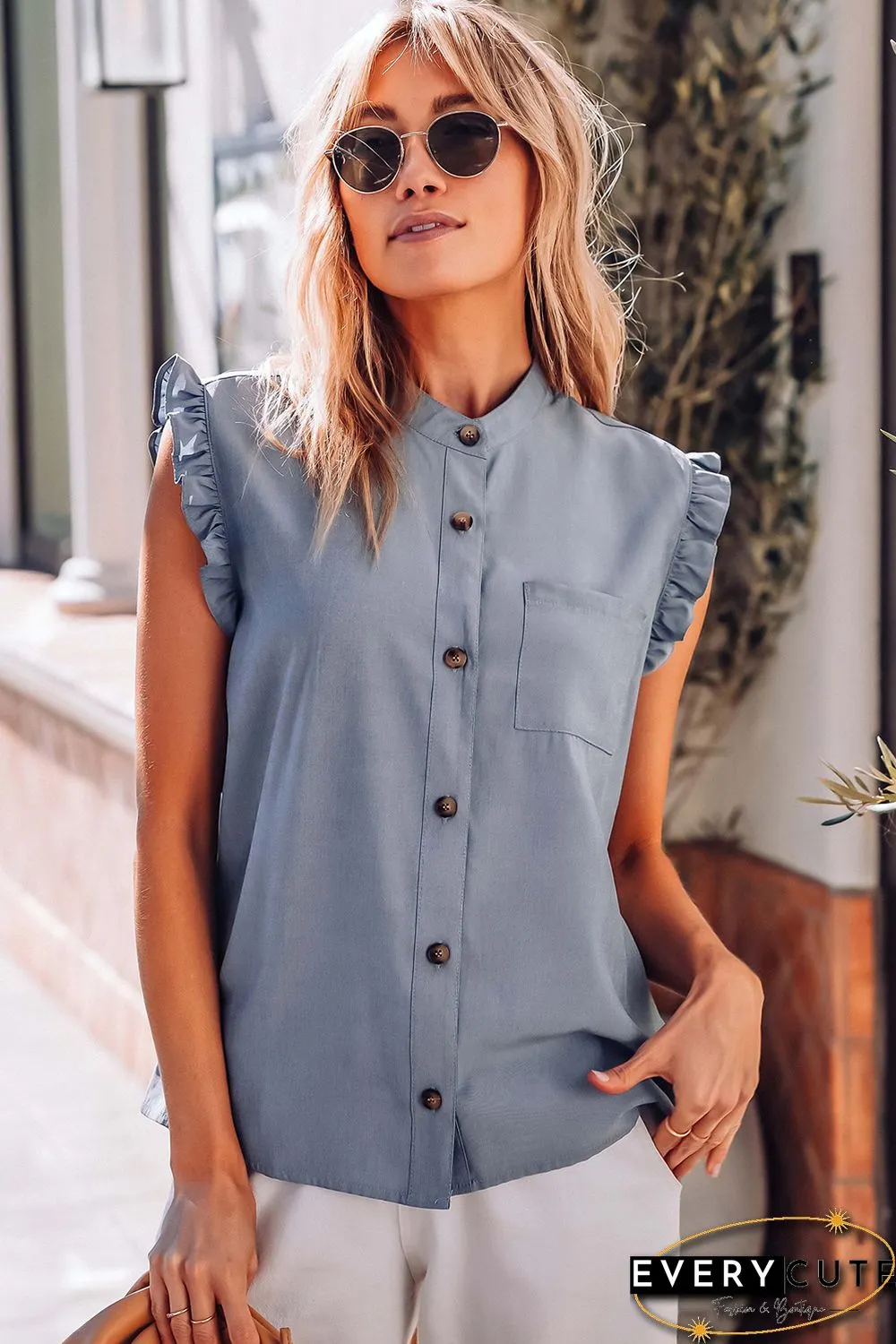 Sky Blue Button Up Ruffled Sleeveless Shirt with Chest Pocket