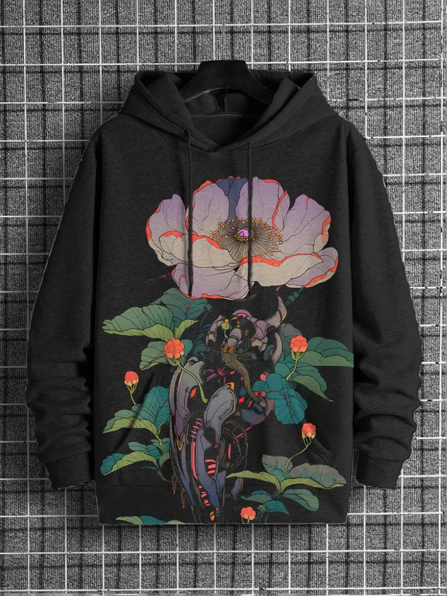 Men's Future Sci-Fi Mecha Art Floral Print Casual Hoodie