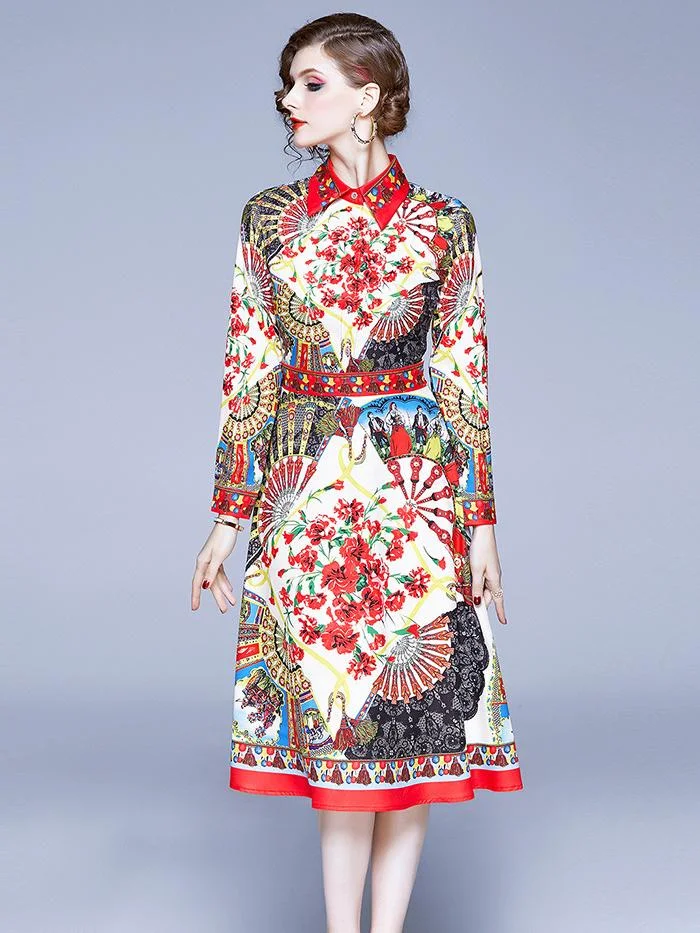 Lapel printed long-sleeved A-line dres